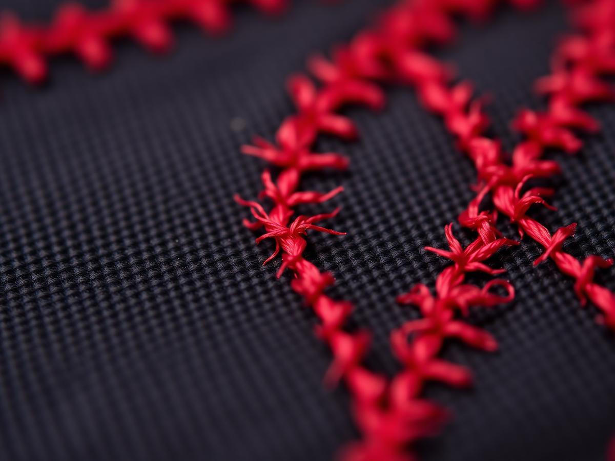 Macro red embroidery stitching detail